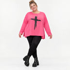 Langarmshirt in Pink aus Baumwolle mit Elasthan und Rundhalsausschnitt in weiter A-Linie