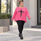 Langarmshirt in Pink aus Baumwolle mit Elasthan und Rundhalsausschnitt in weiter A-Linie