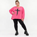 Langarmshirt in Pink aus Baumwolle mit Elasthan und Rundhalsausschnitt in weiter A-Linie