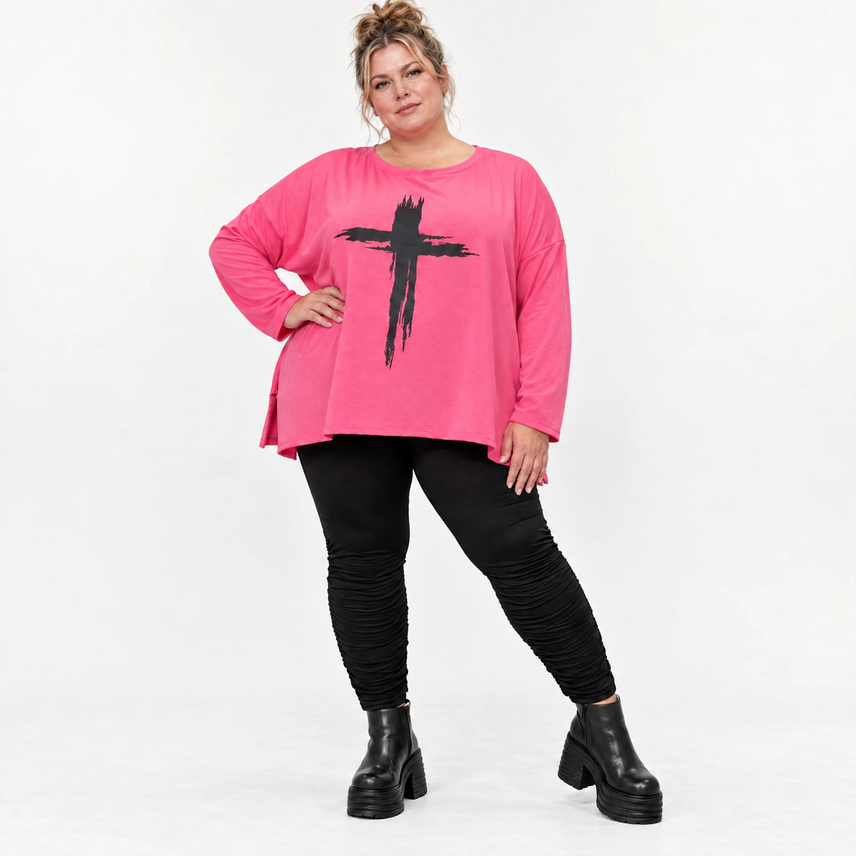 Langarmshirt in Pink aus Baumwolle mit Elasthan und Rundhalsausschnitt in weiter A-Linie