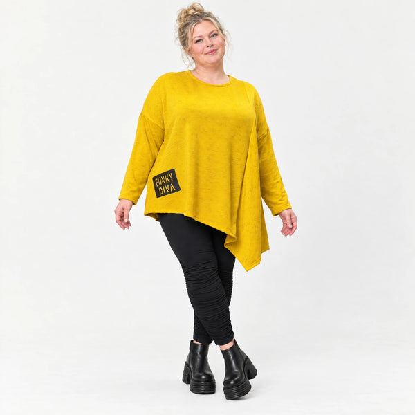 Feinstrickshirt in Gelb mit asymmetrischem Zipfelsaum Langarm und Rundhalsausschnitt