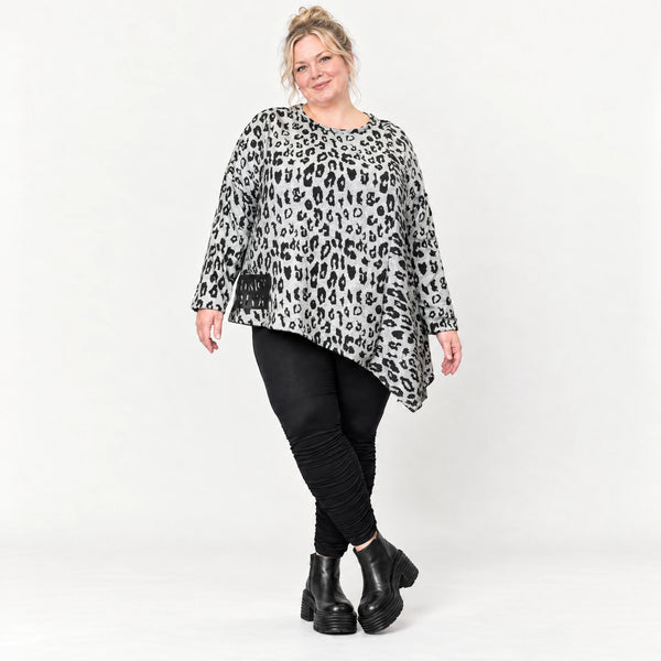Langarmshirt Feinstrick in Grau/Schwarz mit asymmetrischem Zipfelsaum und weichem Garn