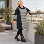 Gestreiftes Winterkleid aus Stretchjersey in Gelb/Schwarz/Weiß mit gerader Schnittform
