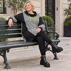 Gestreiftes Winterkleid aus Stretchjersey in Gelb/Schwarz/Weiß mit gerader Schnittform