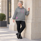 Gestreifter Hoodie in Schwarz/Weiß/Pink aus Stretchjersey mit Kapuze und gerafften Ärmeln