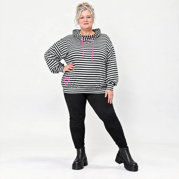 Gestreifter Hoodie in Schwarz/Weiß/Pink aus Stretchjersey mit Kapuze und gerafften Ärmeln