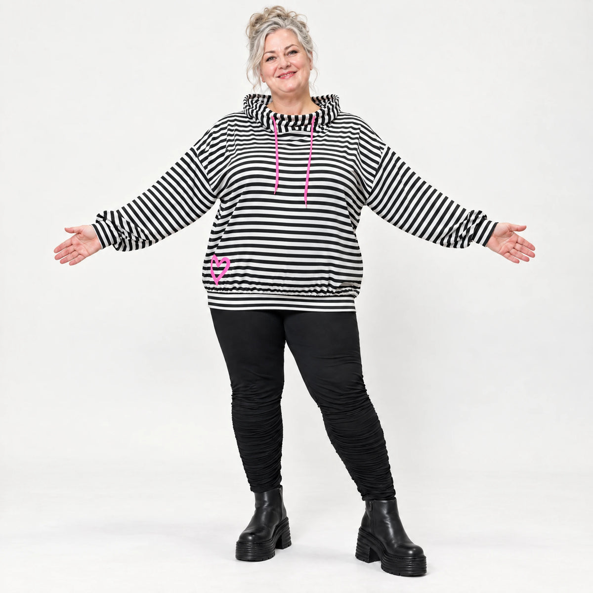 Gestreifter Hoodie in Schwarz/Weiß/Pink aus Stretchjersey mit Kapuze und gerafften Ärmeln