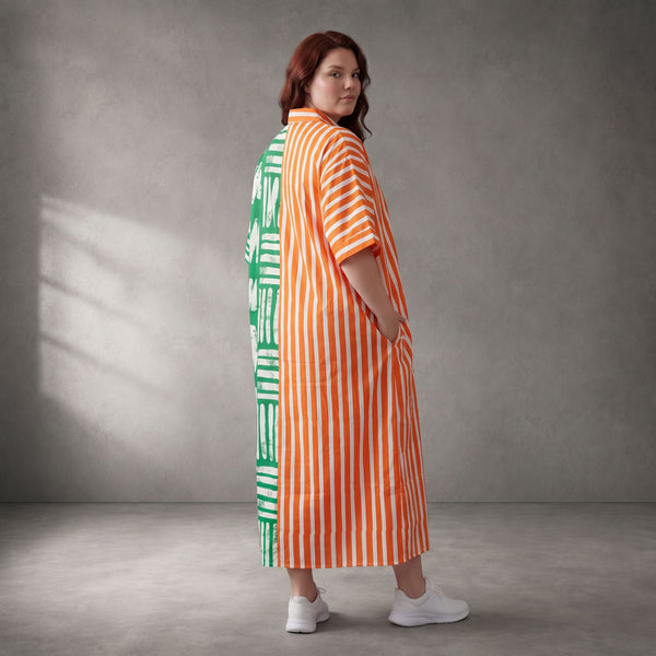 Leichtes zartes Streifenkleid Orange Grün aus Baumwolle Oversize Lagenlook bequem luftig