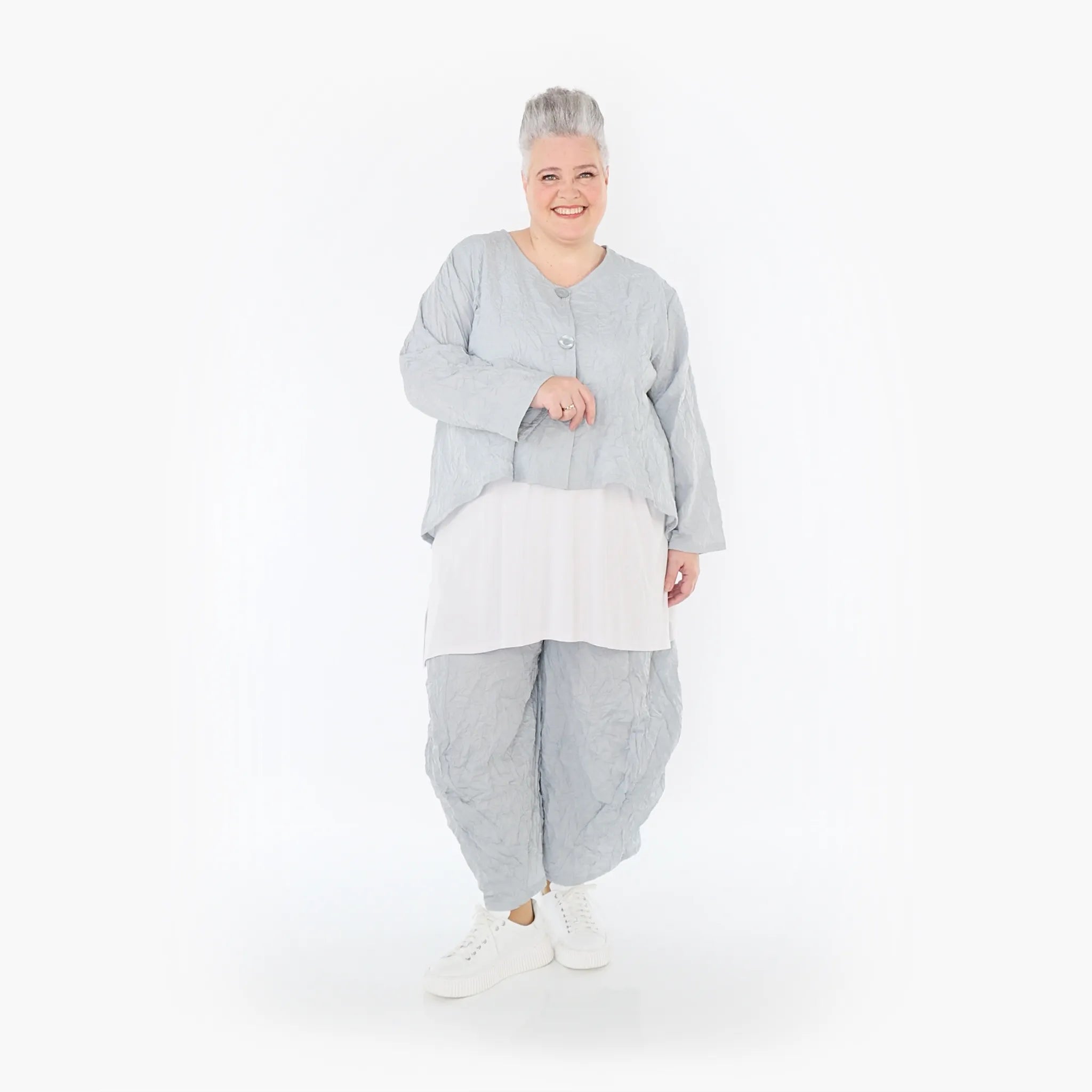  AKH Fashion Jacke in gerundeter Form, aus Materialmix, 1372.00130, Hellgrau, Ausgefallen
