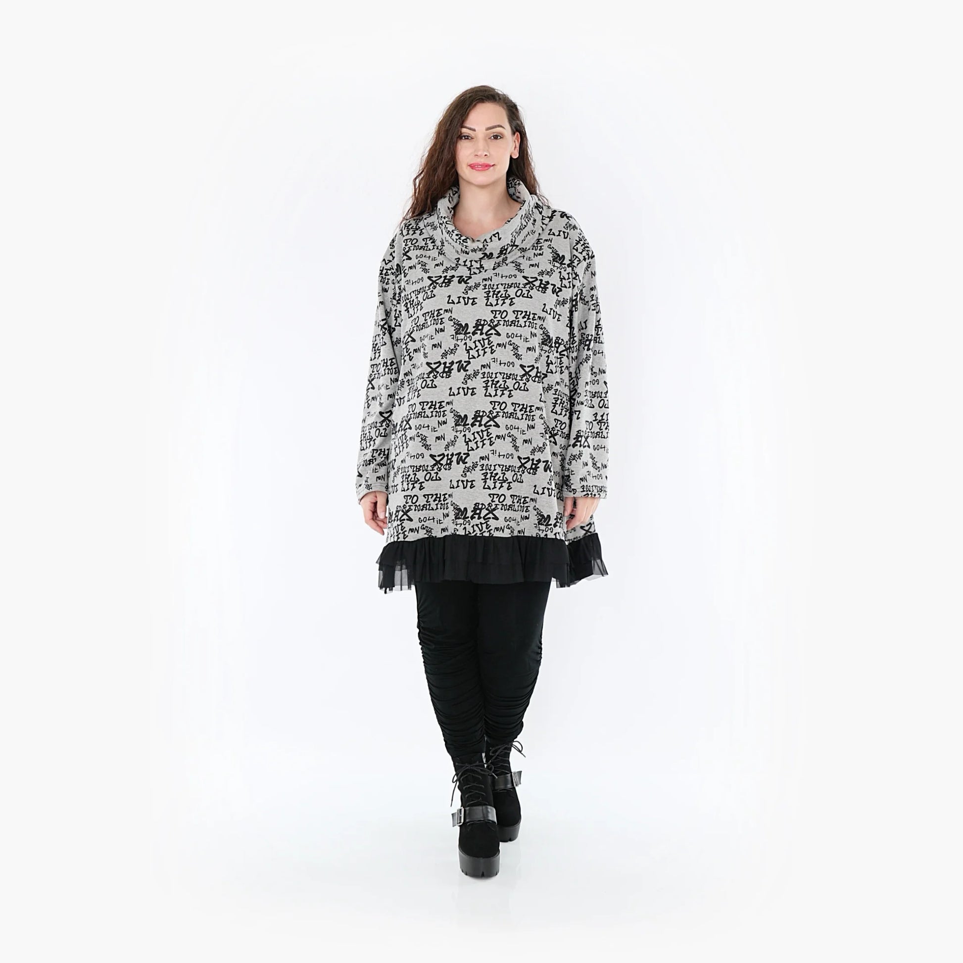  A-Form Oversize-Shirt in Grau-Schwarz mit einzigartigem Muster und warmem Rollkragen für Curvy-Mode