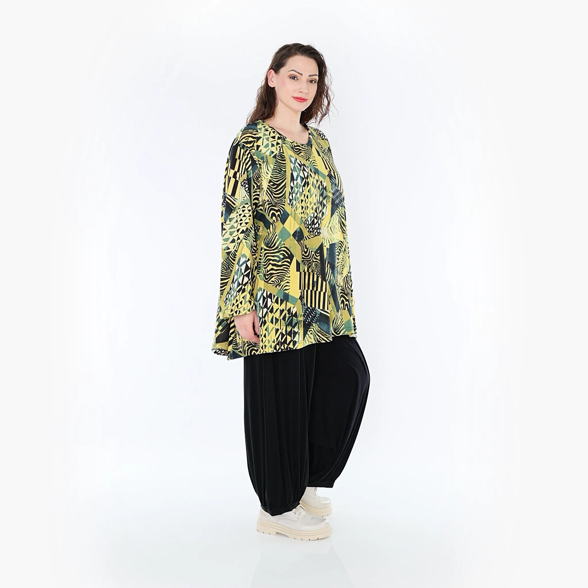  A-Form Bigshirt von AKH Fashion aus Viskose, 1396.00593, Senf-Olive-Schwarz, Grafik, Schick