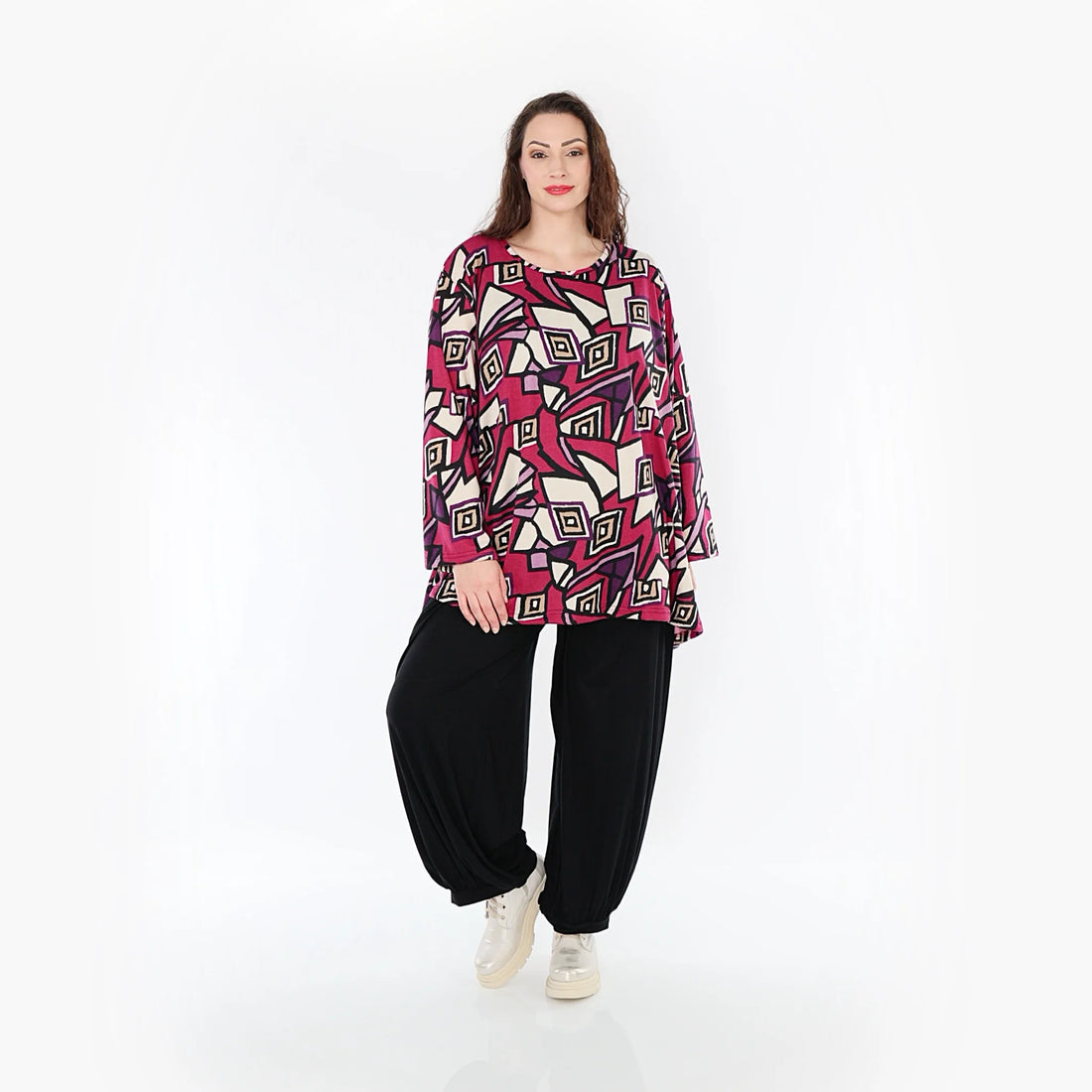  A-Form Bigshirt von AKH Fashion aus Viskose, 1397.00593, Fuchsia-Schwarz-Creme, Aztec