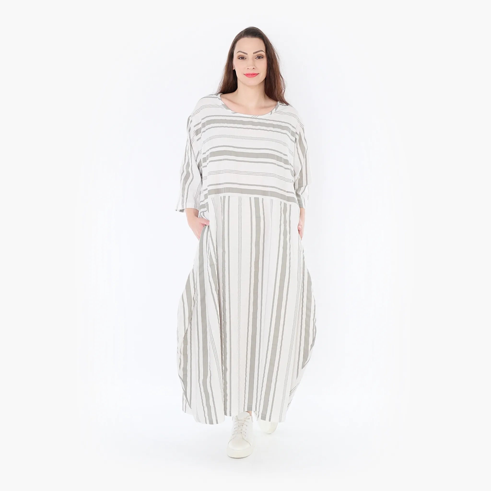  Ballonkleid von AKH Fashion aus Baumwolle, 1420.01926, Weiß/Kiwi, Blockstreifen, Schick
