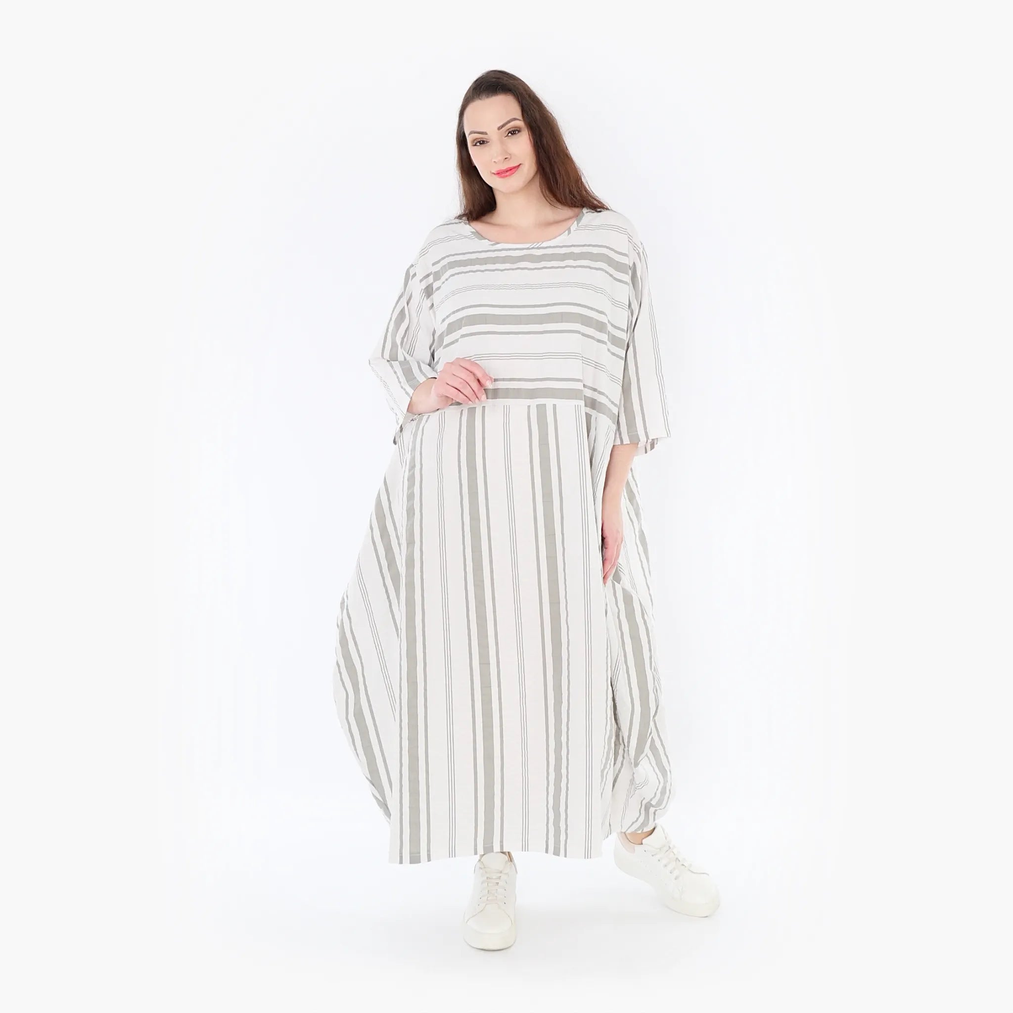  Ballonkleid von AKH Fashion aus Baumwolle, 1420.01926, Weiß/Kiwi, Blockstreifen, Schick