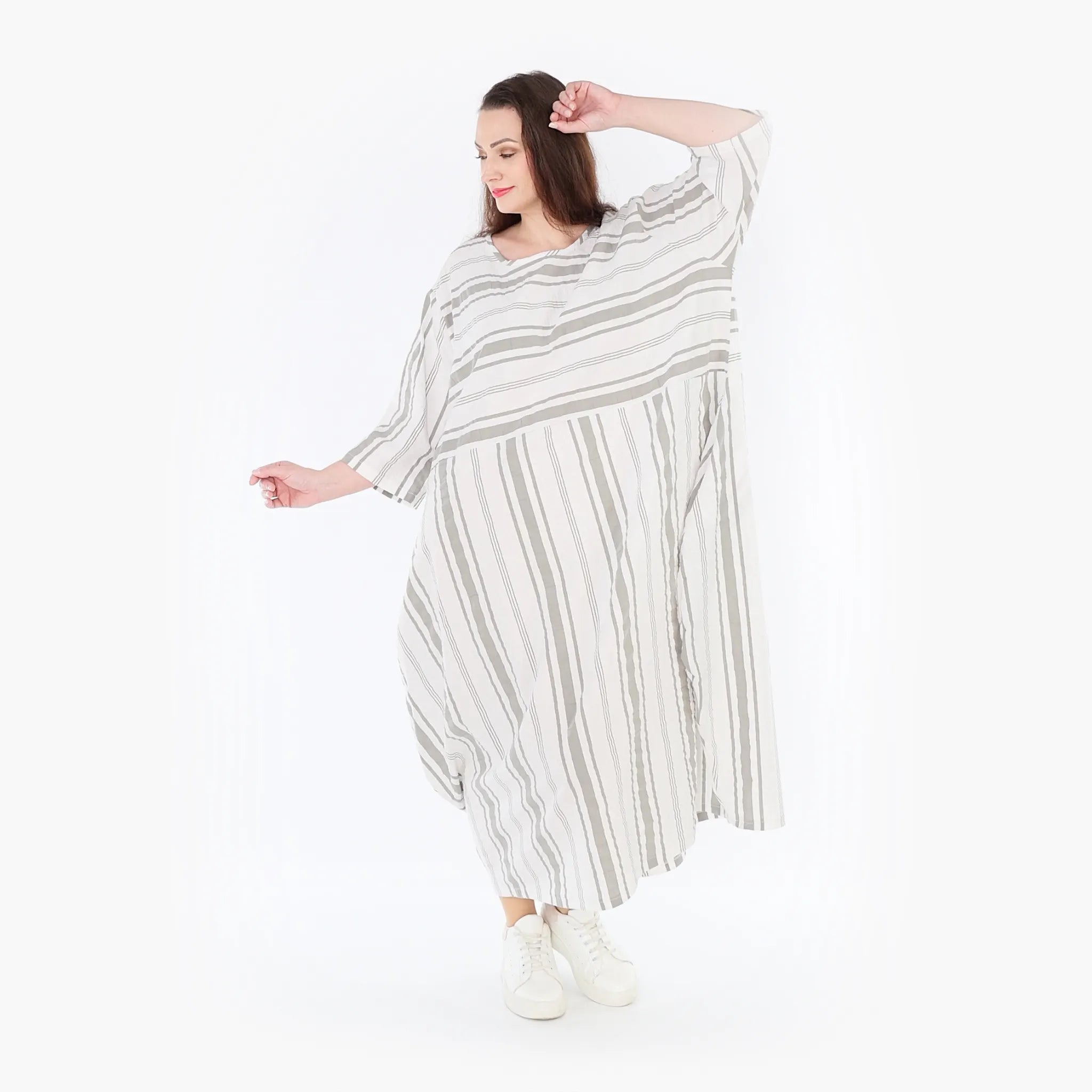  Ballonkleid von AKH Fashion aus Baumwolle, 1420.01926, Weiß/Kiwi, Blockstreifen, Schick