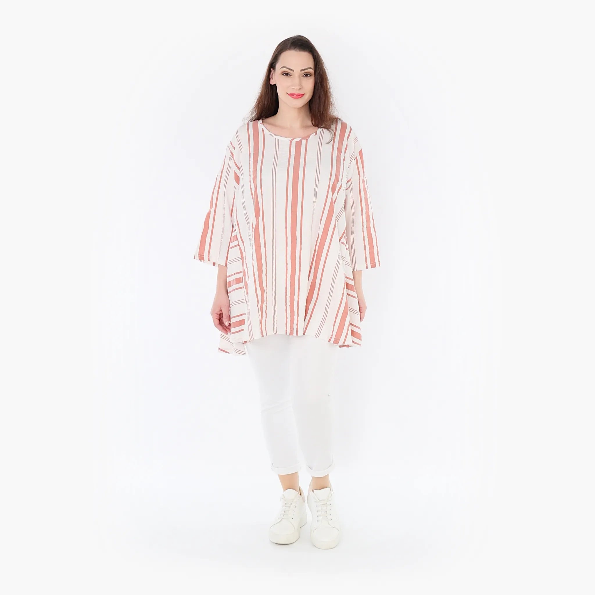  A-Form Bigshirt von AKH Fashion aus Baumwolle, 1420.00593, Weiß/Apricot, Blockstreifen