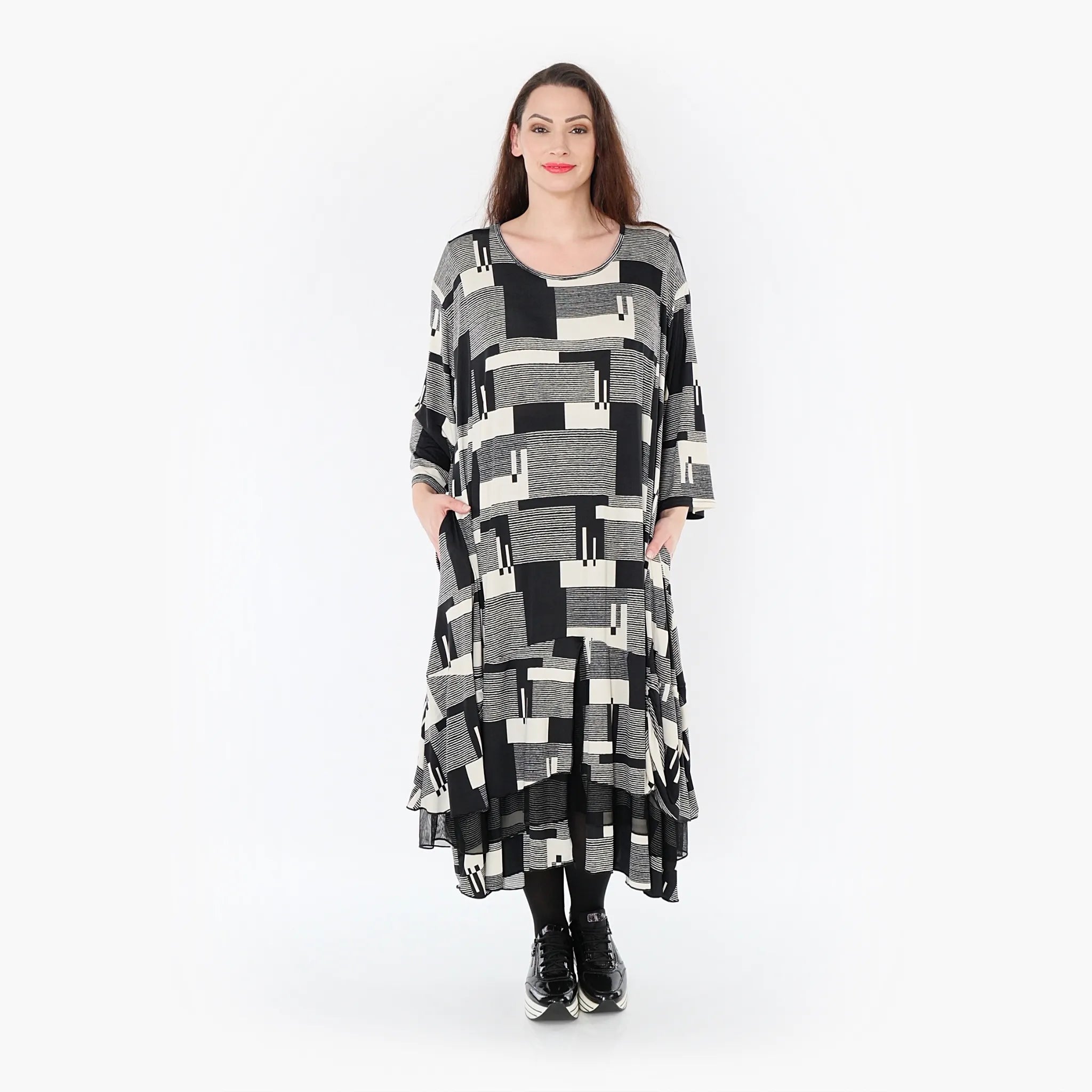  A-Form Kleid von AKH Fashion aus Viskose, 1426.06959, Schwarz/Ecru, Grafik, Schick, Schick