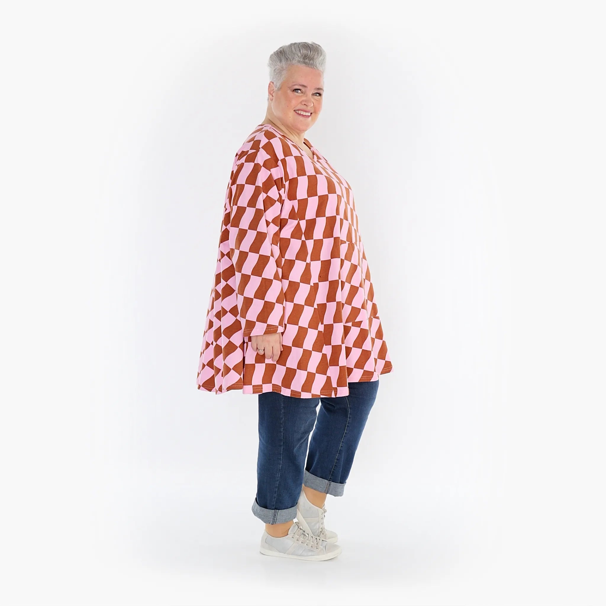  A-Form Bigshirt von AKH Fashion aus Baumwolle, 1427.06708, Pink/Cognac, Kariert, Schick