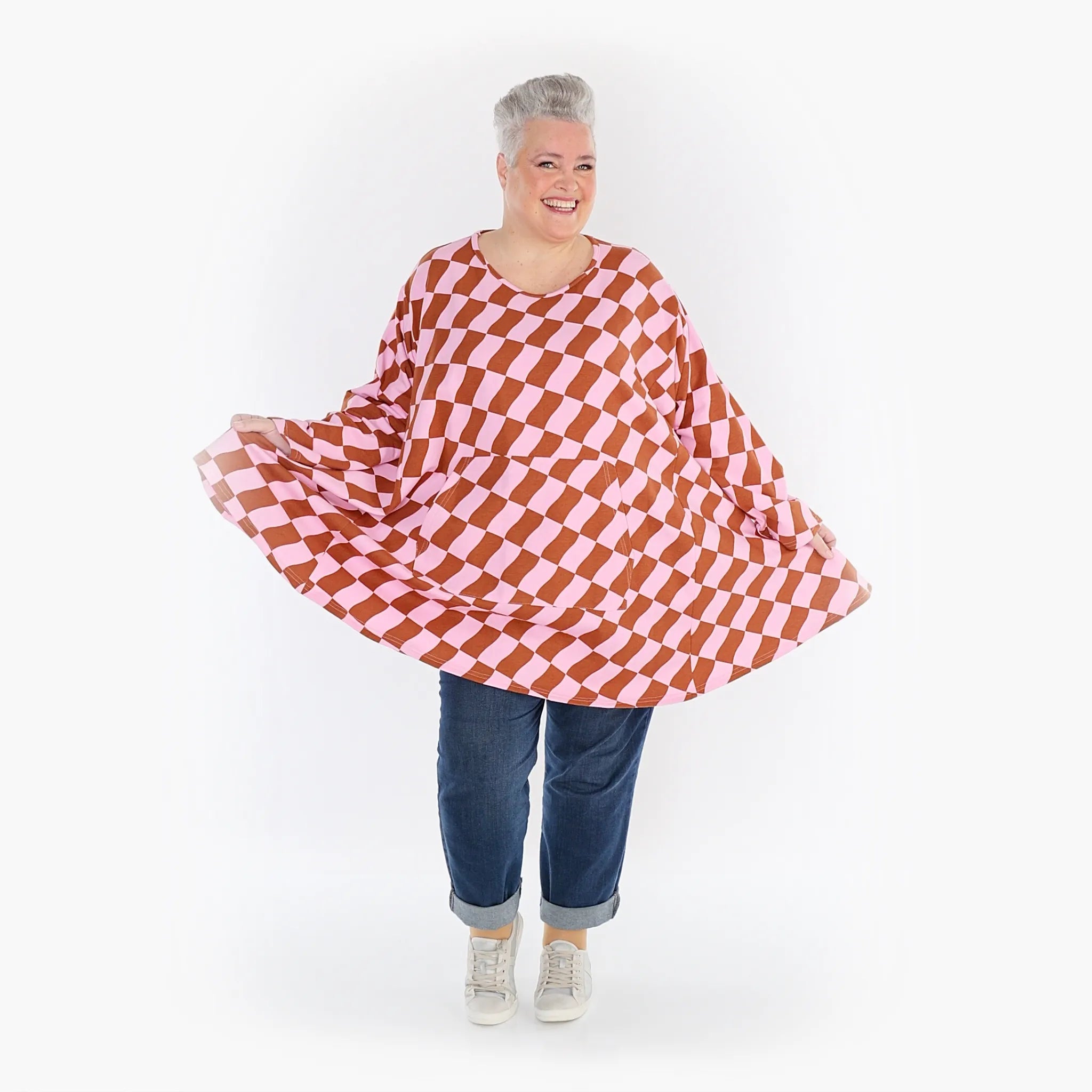  A-Form Bigshirt von AKH Fashion aus Baumwolle, 1427.06708, Pink/Cognac, Kariert, Schick