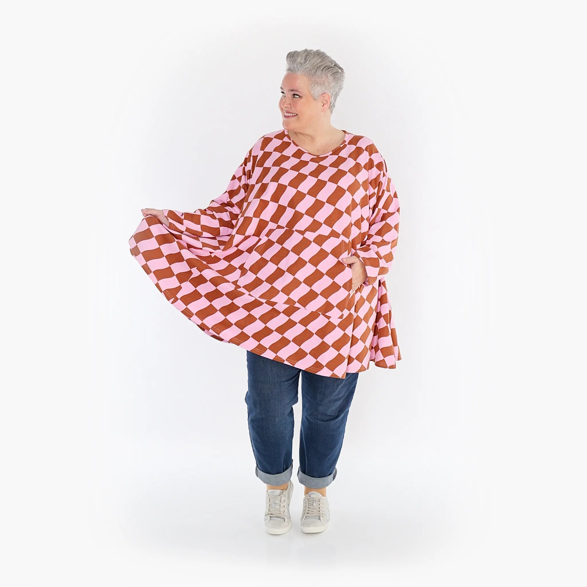  A-Form Bigshirt von AKH Fashion aus Baumwolle, 1427.06708, Pink/Cognac, Kariert, Schick