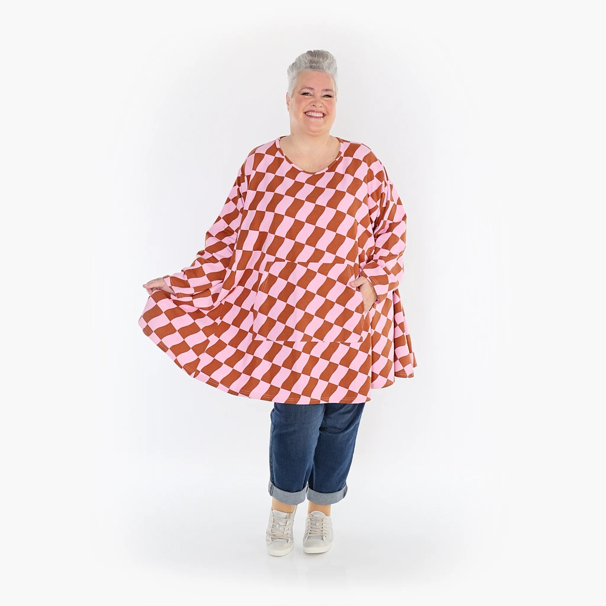  A-Form Bigshirt von AKH Fashion aus Baumwolle, 1427.06708, Pink/Cognac, Kariert, Schick