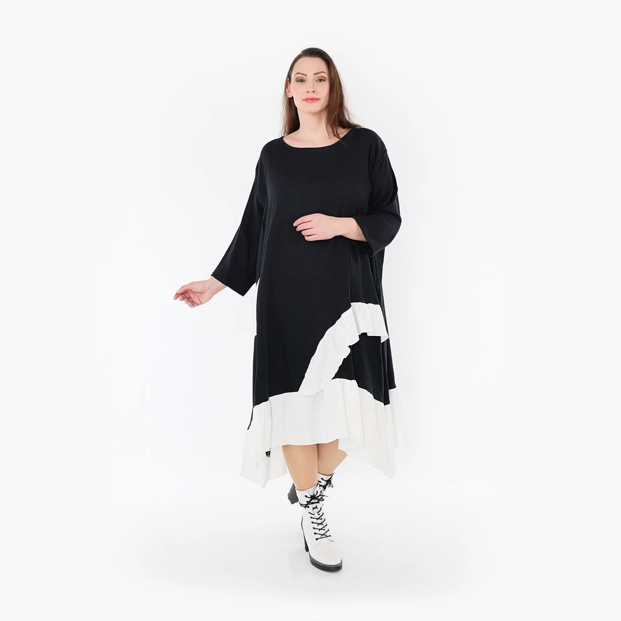  AKH Fashion Kleid in asymmetrischer Form, aus Baumwolle, 1440.07024, Schwarz/Weiß, Schick