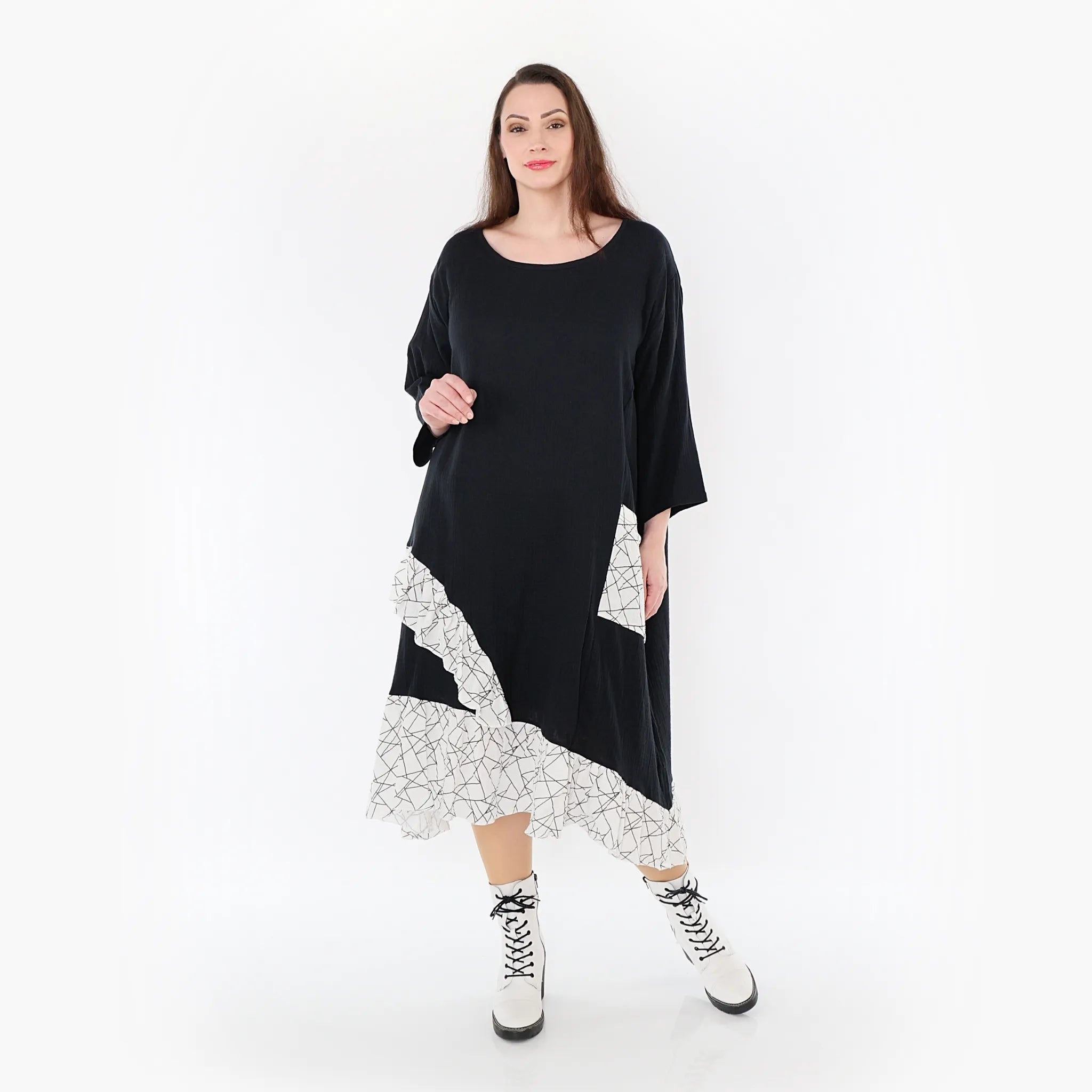  AKH Fashion Kleid in asymmetrischer Form, aus Baumwolle, 1441.07024, Schwarz/Weiß, Schick