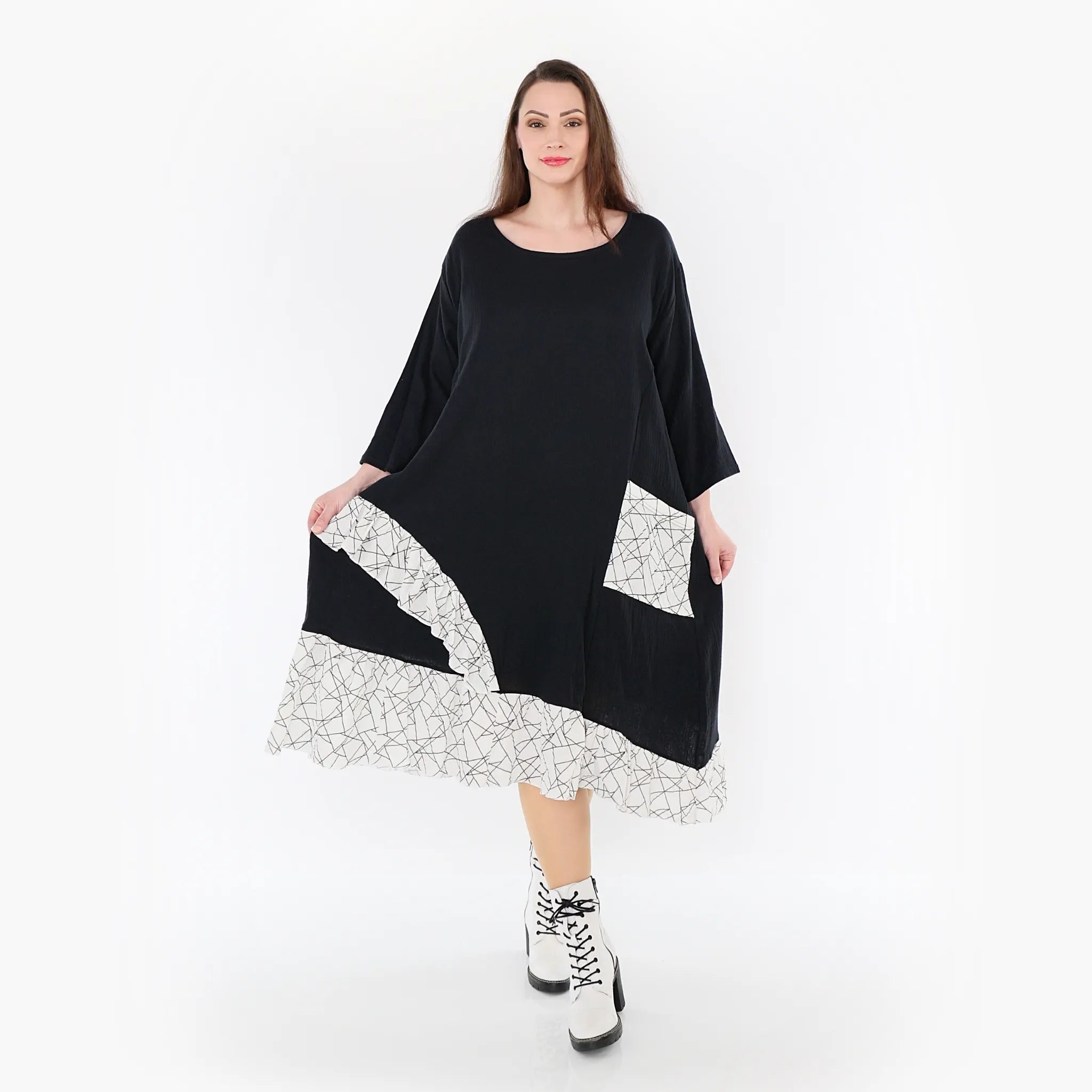  AKH Fashion Kleid in asymmetrischer Form, aus Baumwolle, 1441.07024, Schwarz/Weiß, Schick