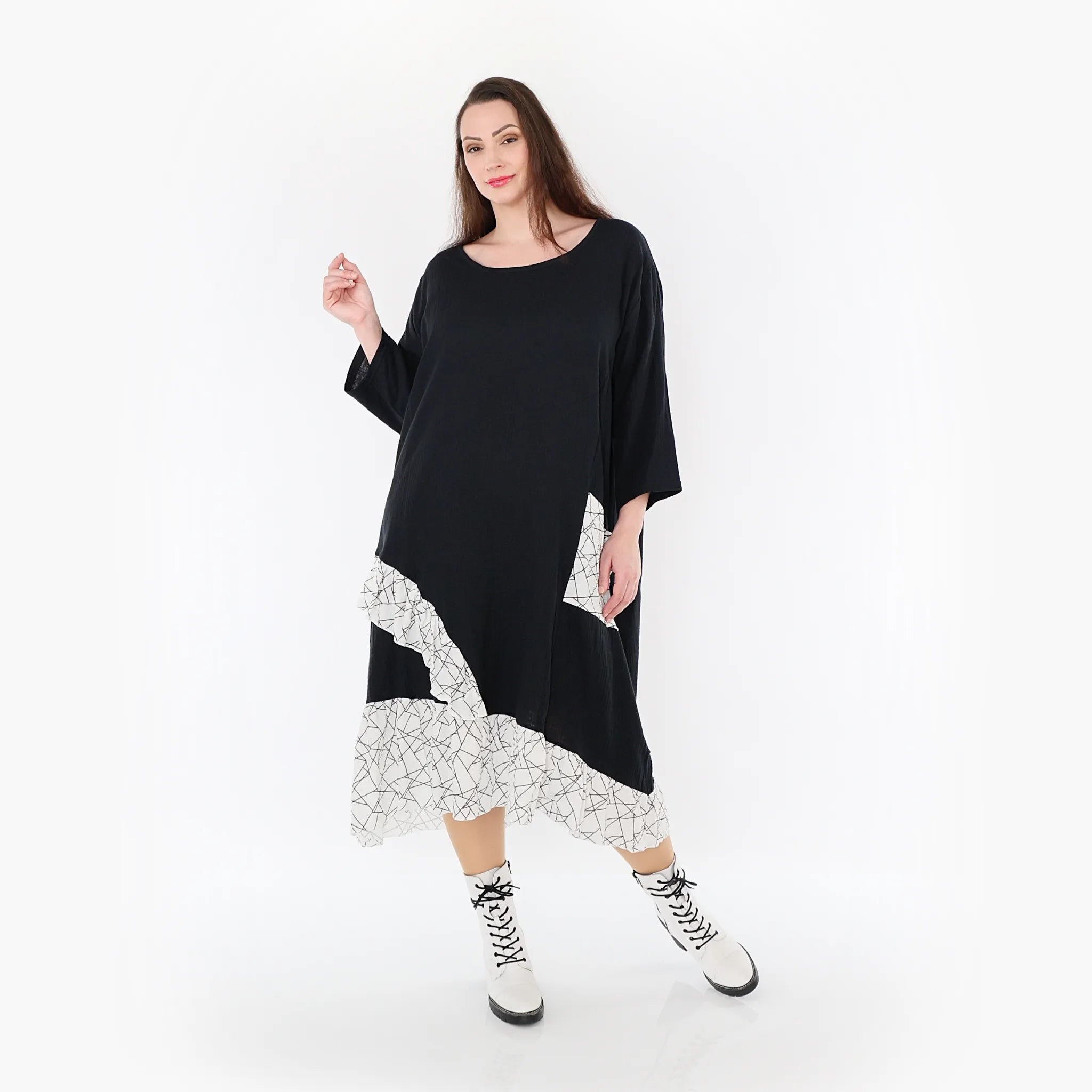  AKH Fashion Kleid in asymmetrischer Form, aus Baumwolle, 1441.07024, Schwarz/Weiß, Schick