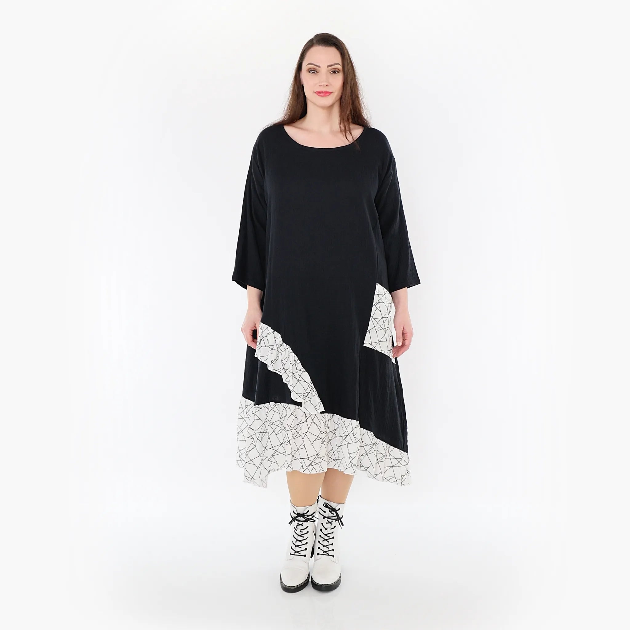  AKH Fashion Kleid in asymmetrischer Form, aus Baumwolle, 1441.07024, Schwarz/Weiß, Schick