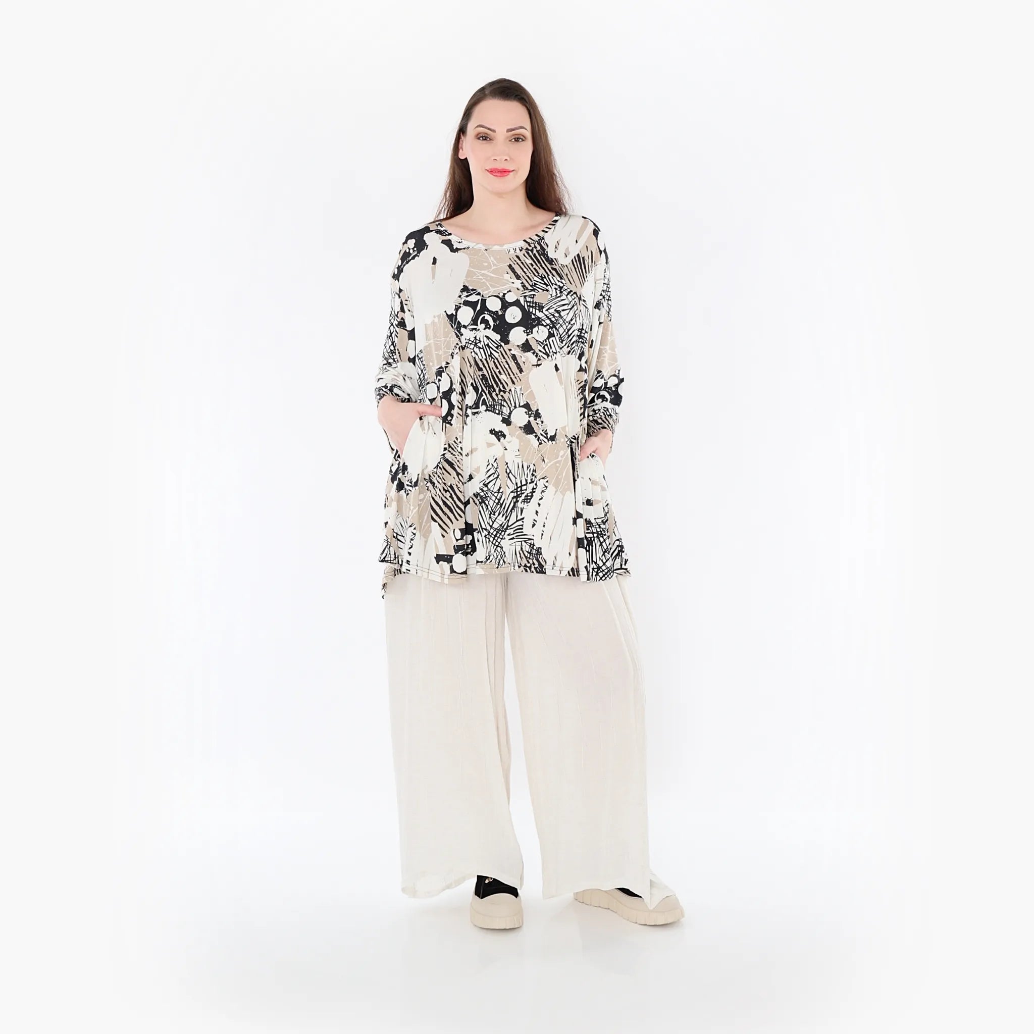  AKH Fashion Bigshirt in Glocken-Form, aus Materialmix, 1451.01892, Beige/Weiß/Schwarz, Schick