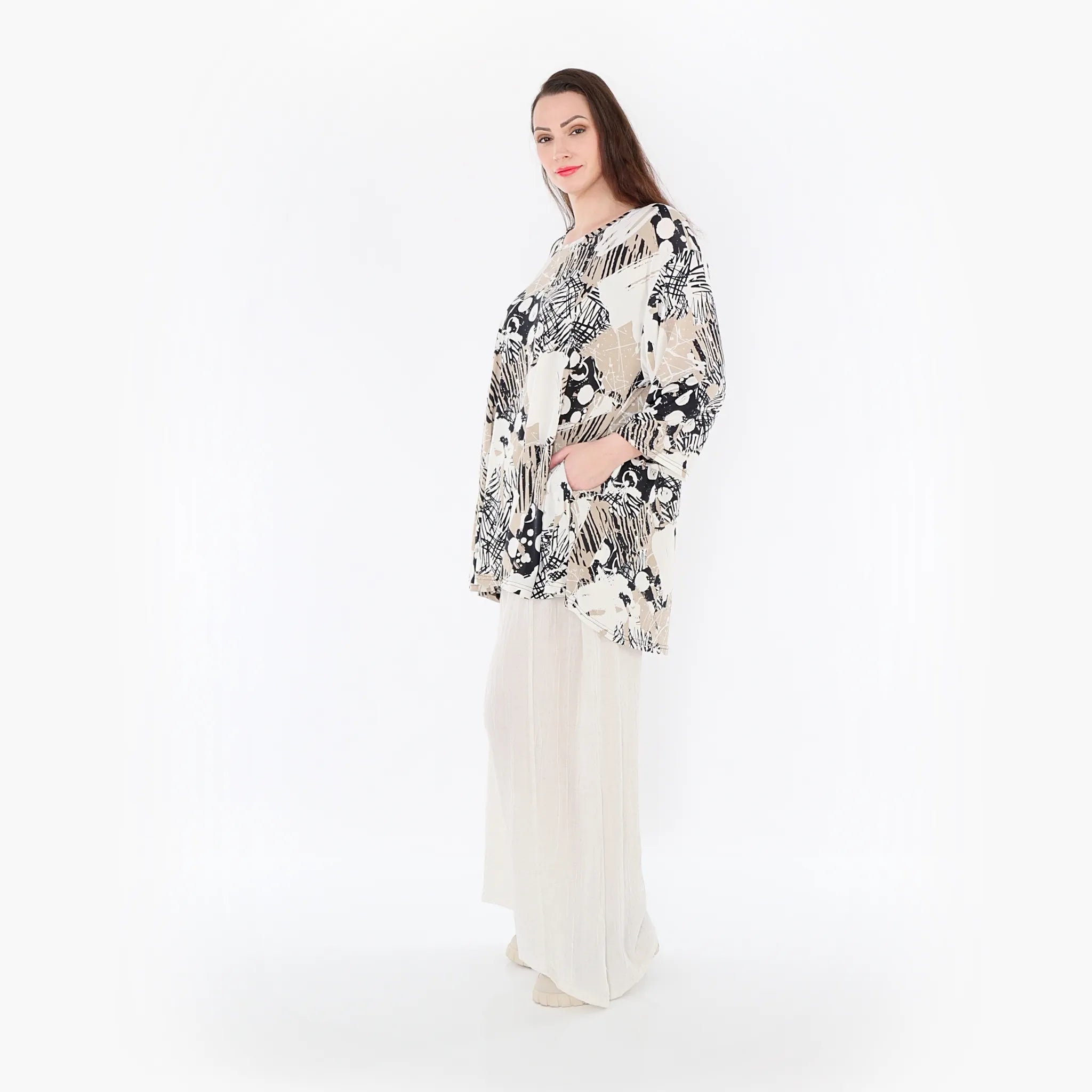  AKH Fashion Bigshirt in Glocken-Form, aus Materialmix, 1451.01892, Beige/Weiß/Schwarz, Schick