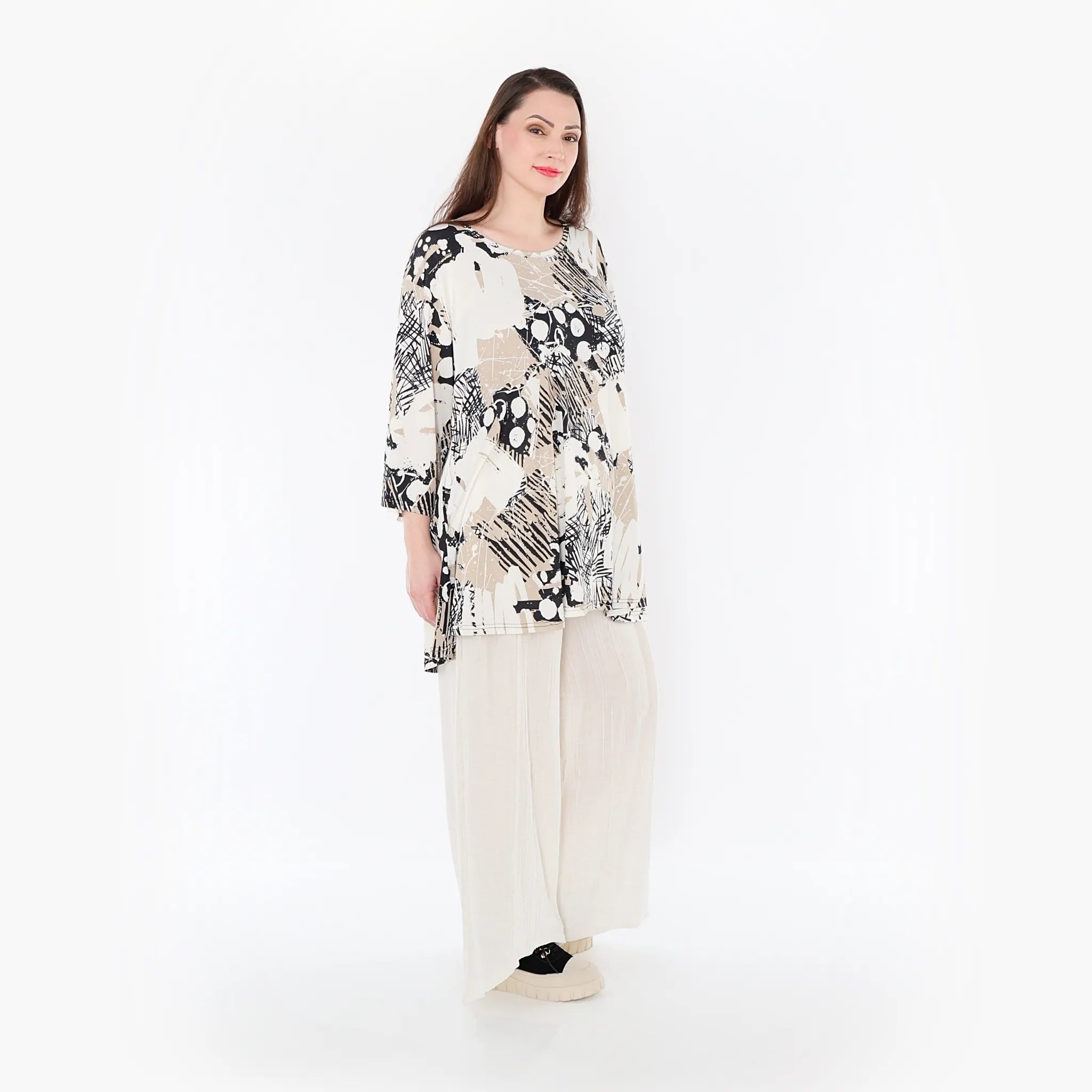  AKH Fashion Bigshirt in Glocken-Form, aus Materialmix, 1451.01892, Beige/Weiß/Schwarz, Schick