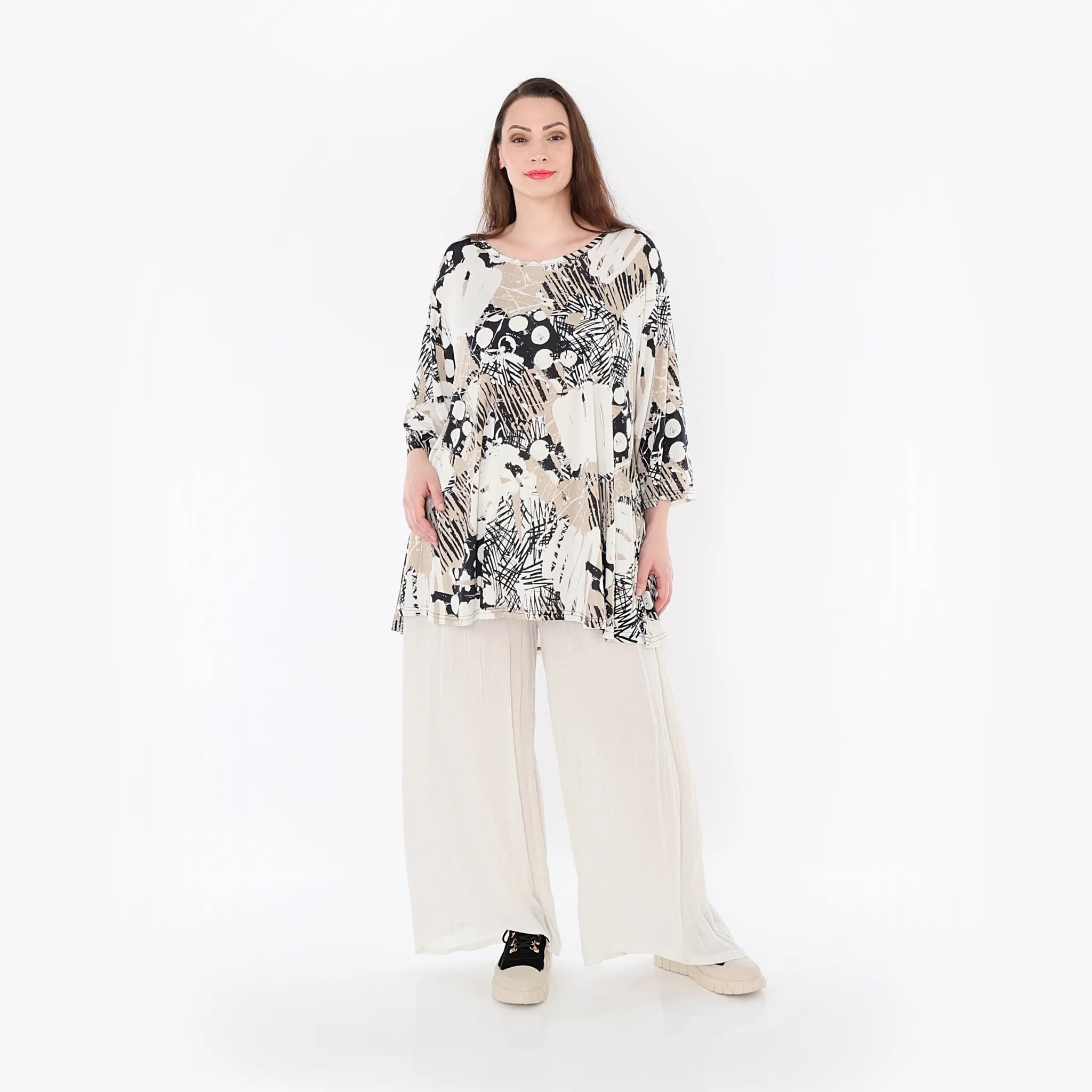  AKH Fashion Bigshirt in Glocken-Form, aus Materialmix, 1451.01892, Beige/Weiß/Schwarz, Schick