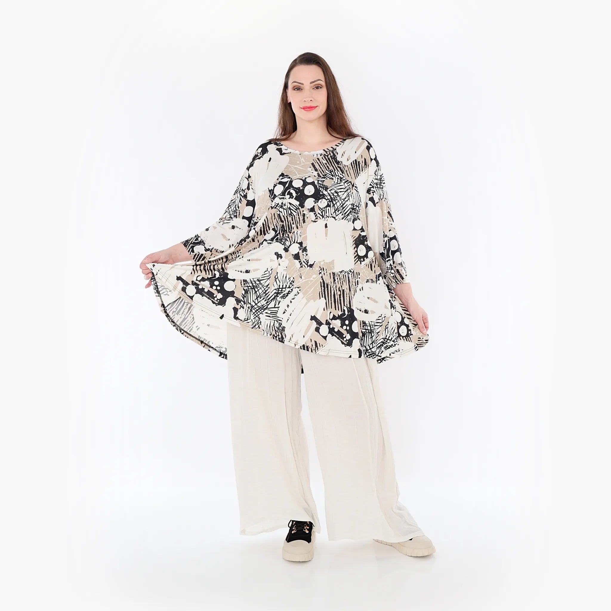  AKH Fashion Bigshirt in Glocken-Form, aus Materialmix, 1451.01892, Beige/Weiß/Schwarz, Schick
