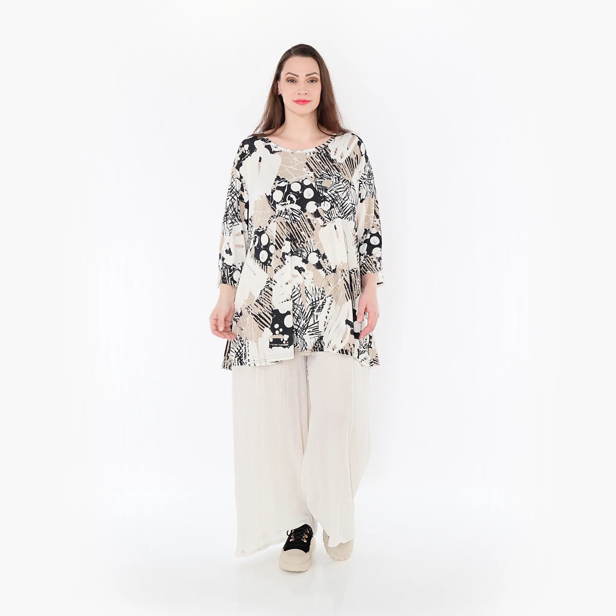  AKH Fashion Bigshirt in Glocken-Form, aus Materialmix, 1451.01892, Beige/Weiß/Schwarz, Schick