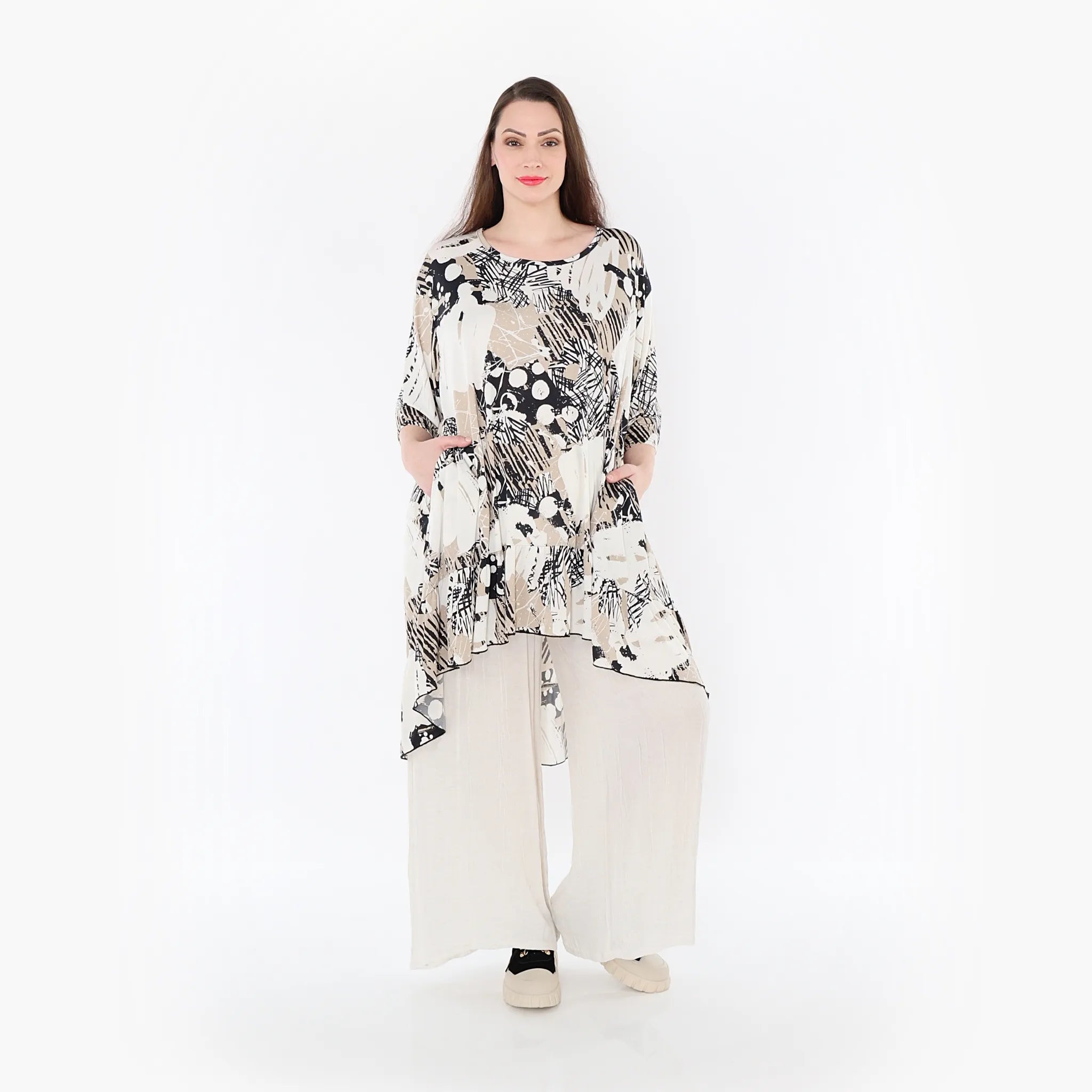  AKH Fashion Bigshirt in Vokuhila-Form, aus Materialmix, 1451.06837, Beige/Weiß/Schwarz