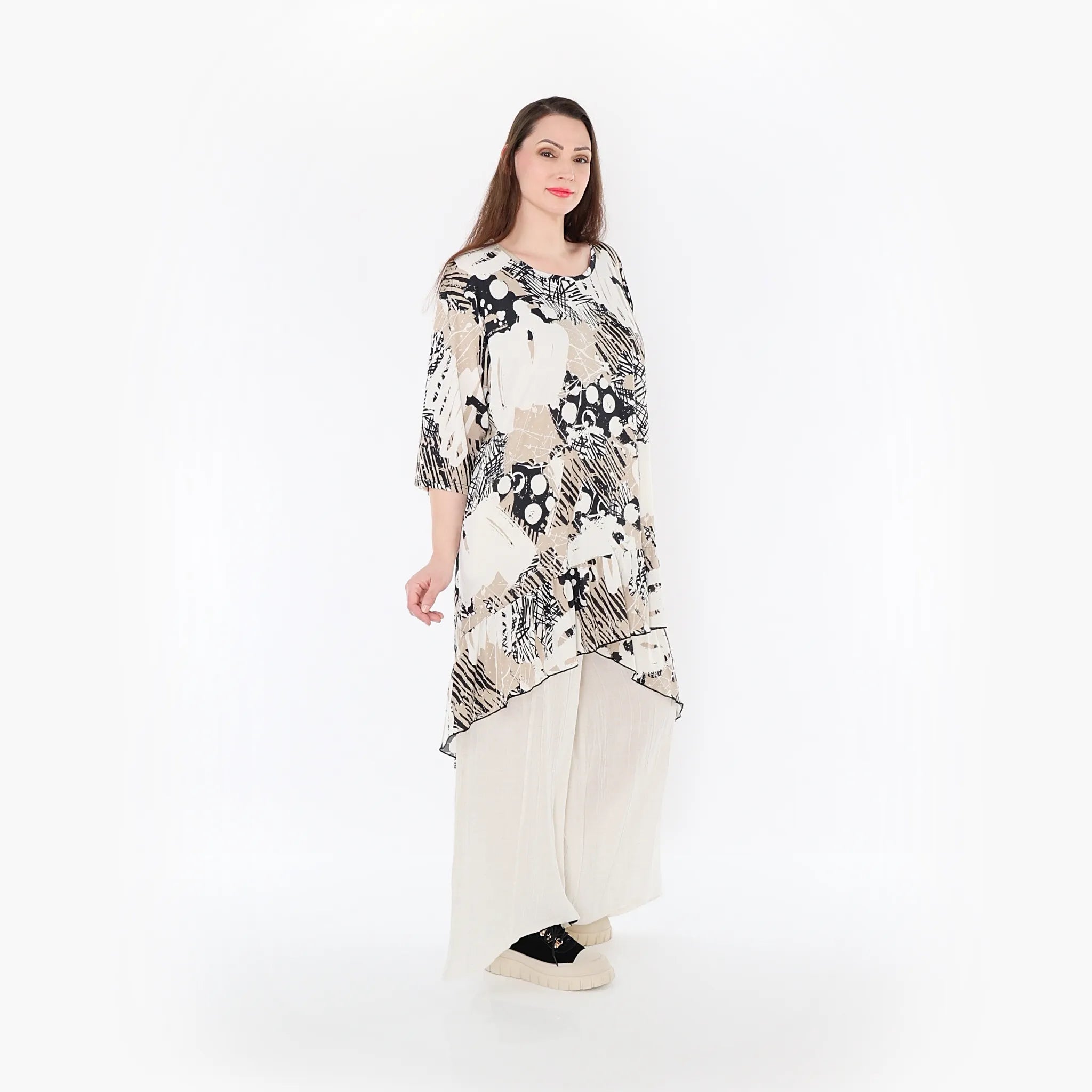  AKH Fashion Bigshirt in Vokuhila-Form, aus Materialmix, 1451.06837, Beige/Weiß/Schwarz