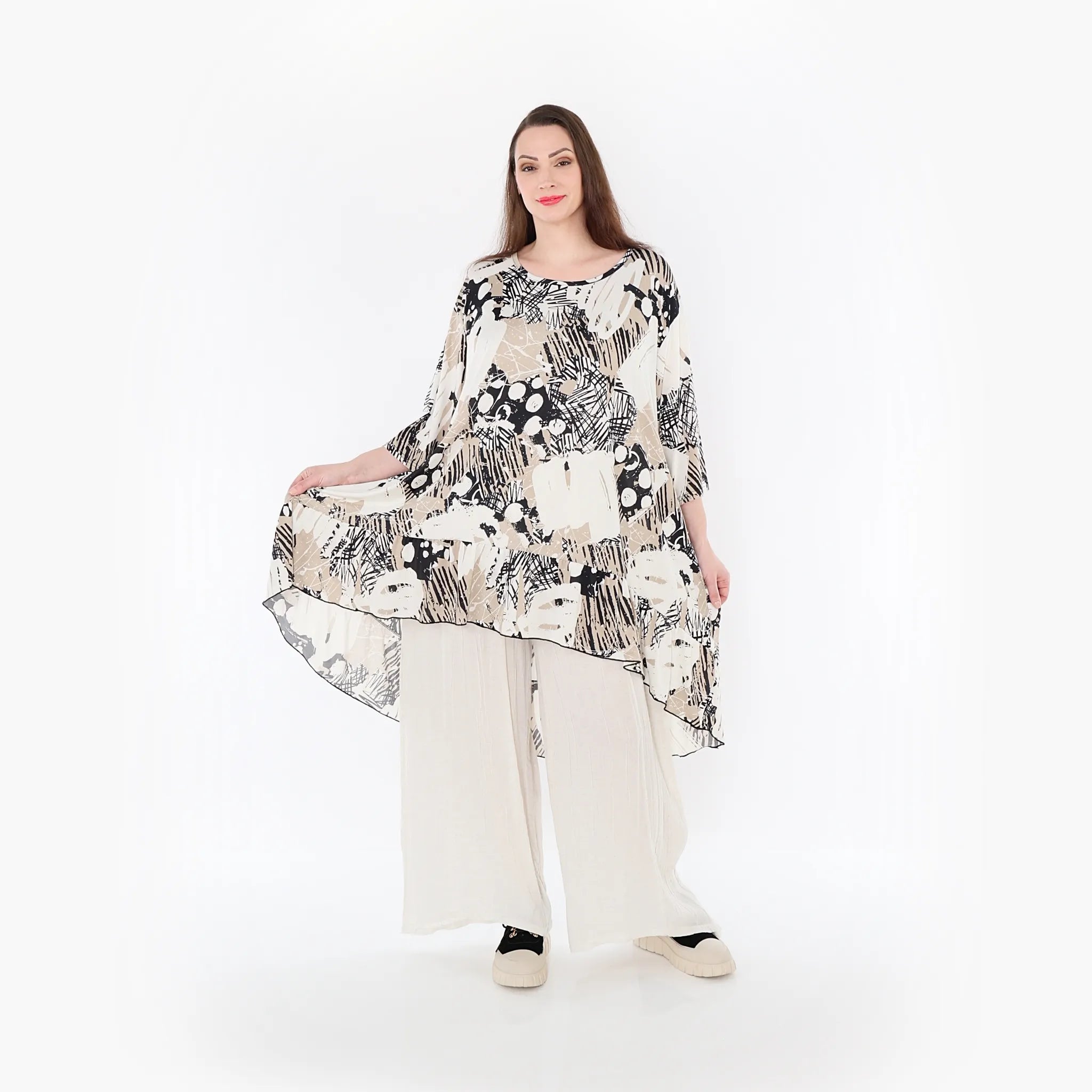  AKH Fashion Bigshirt in Vokuhila-Form, aus Materialmix, 1451.06837, Beige/Weiß/Schwarz