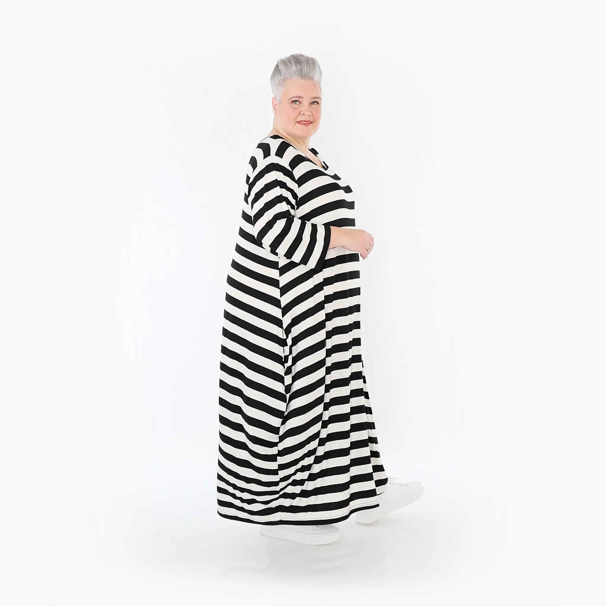  Ballonkleid von AKH Fashion aus Viskose, 1459.01926, Weiß/Schwarz, Blockstreifen, Schick