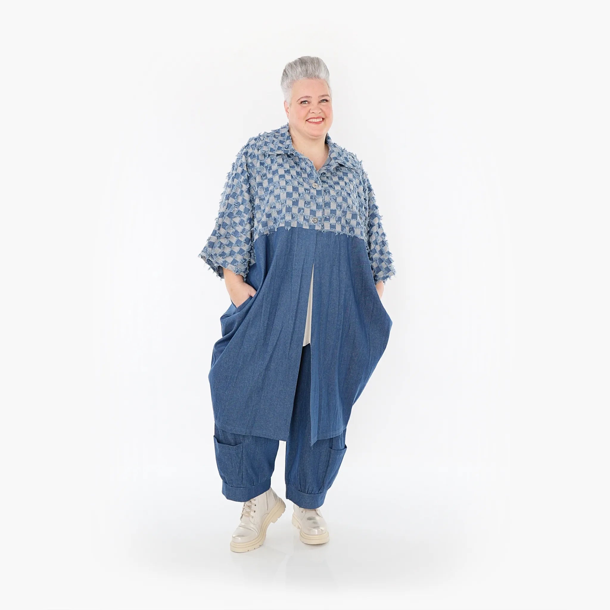  Ballonmantel von AKH Fashion aus Baumwolle, 1463.07055, Jeansblau/Grau, Kariert, Schick
