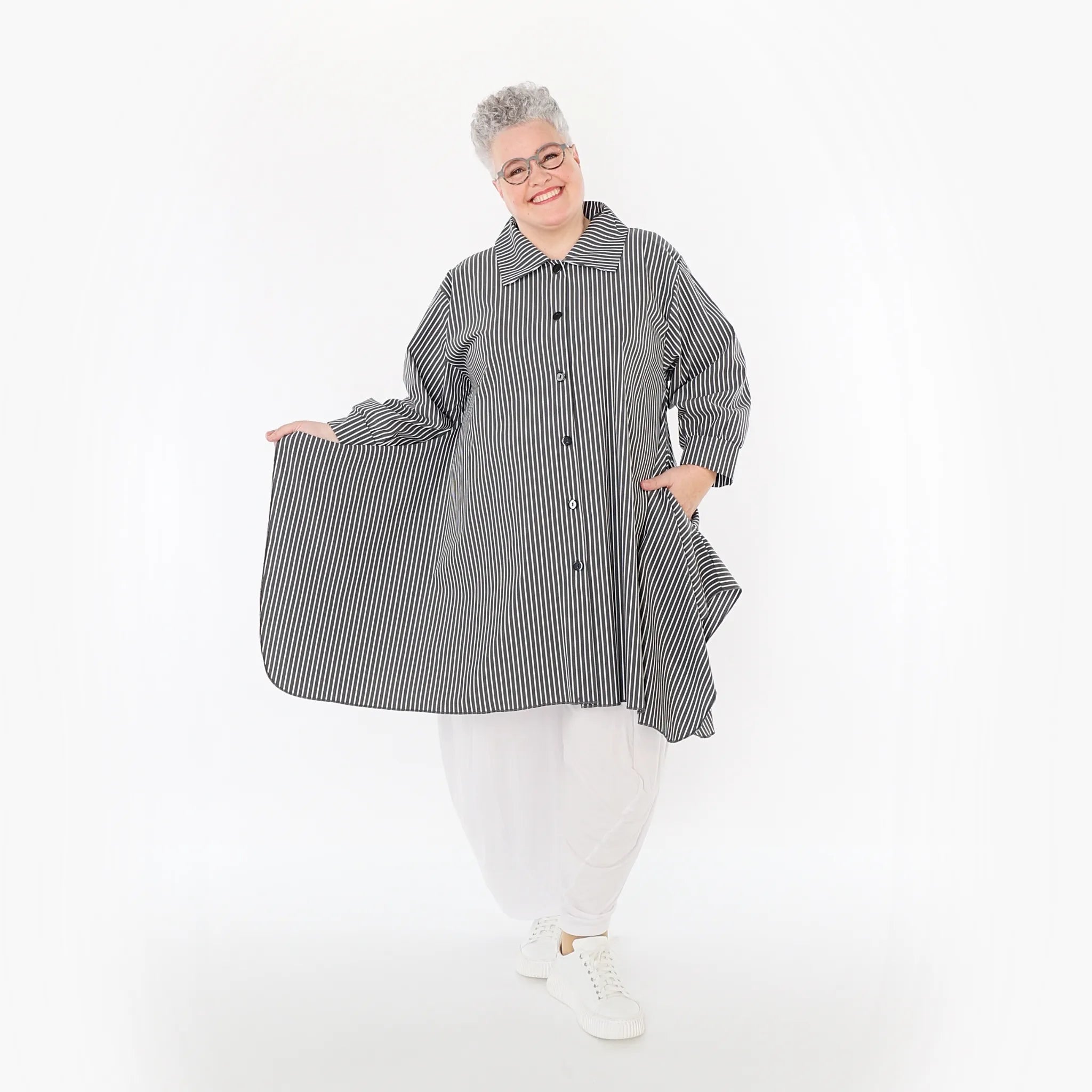  A-Form Bluse von AKH Fashion aus Baumwolle, 1472.06917, Anthrazit/Weiß, Streifen, Schick