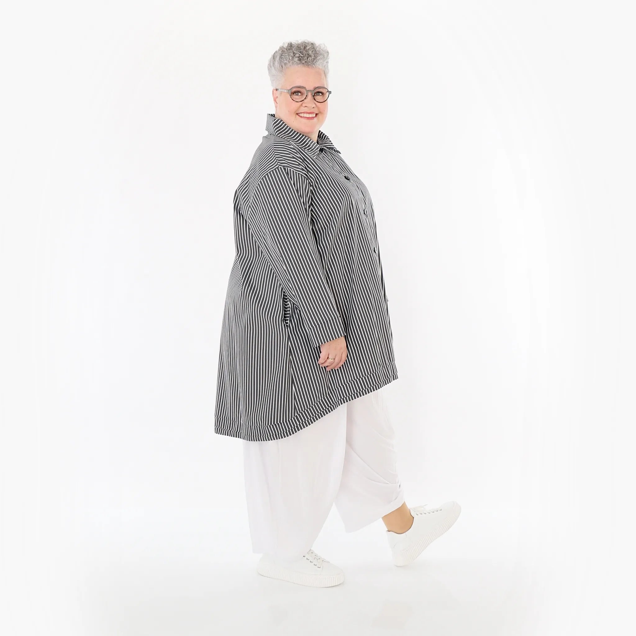  A-Form Bluse von AKH Fashion aus Baumwolle, 1472.07010, Anthrazit/Weiß, Streifen, Schick