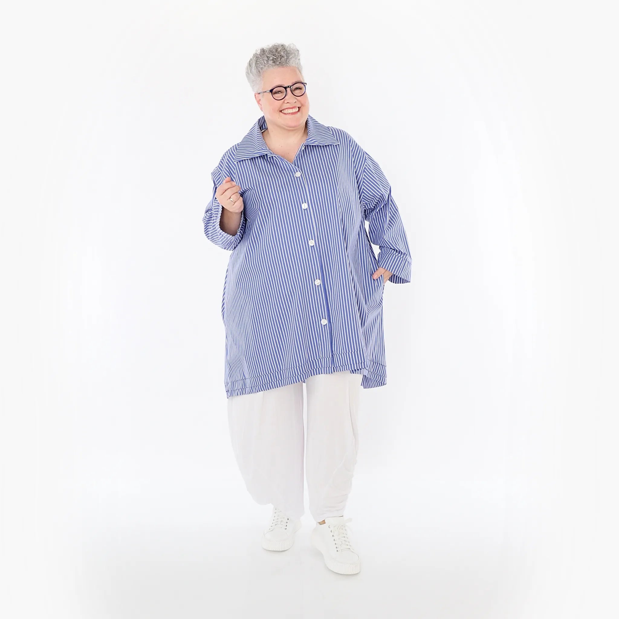  A-Form Bluse von AKH Fashion aus Baumwolle, 1472.07010, Blau/Weiß, Streifen, Ausgefallen