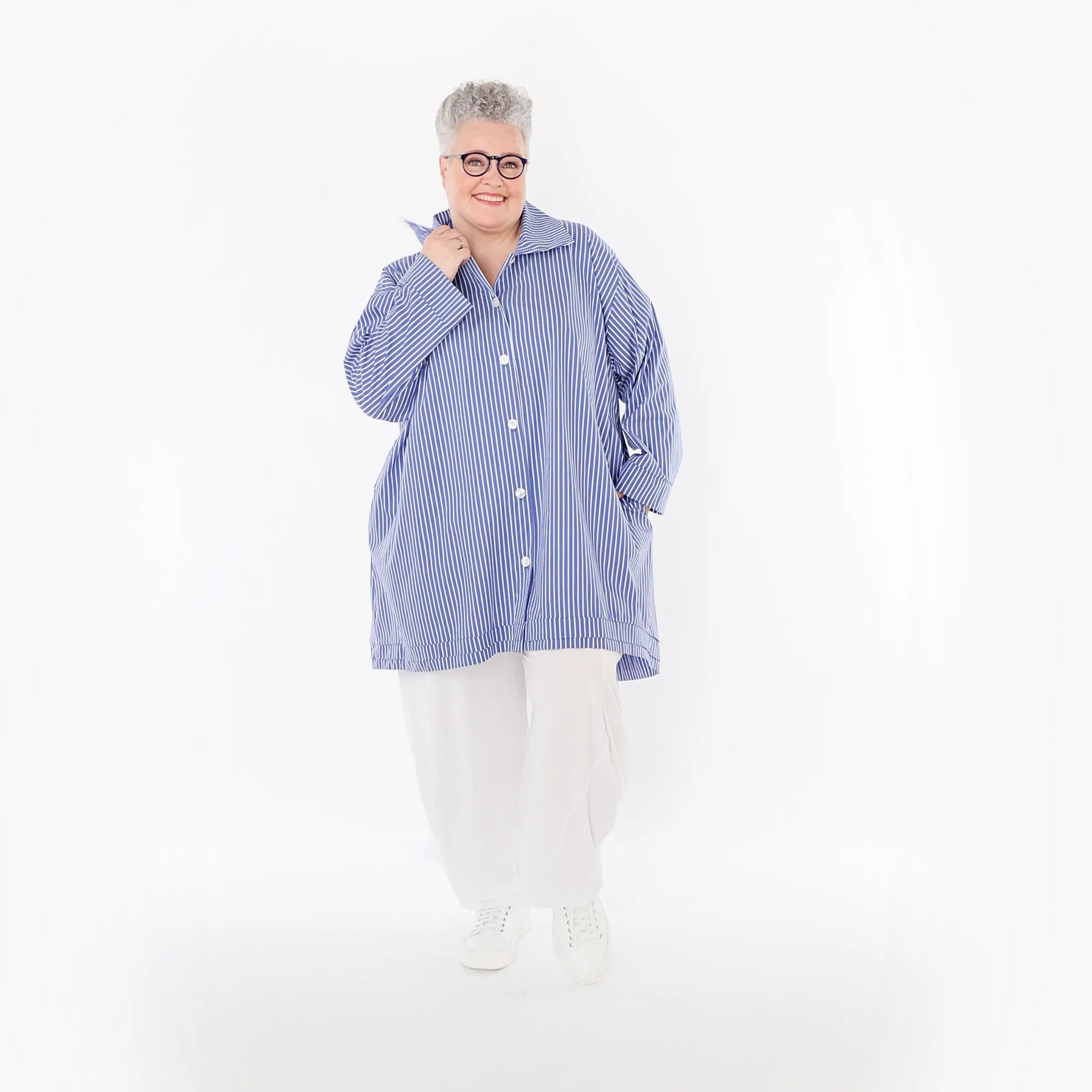  A-Form Bluse von AKH Fashion aus Baumwolle, 1472.07010, Blau/Weiß, Streifen, Ausgefallen