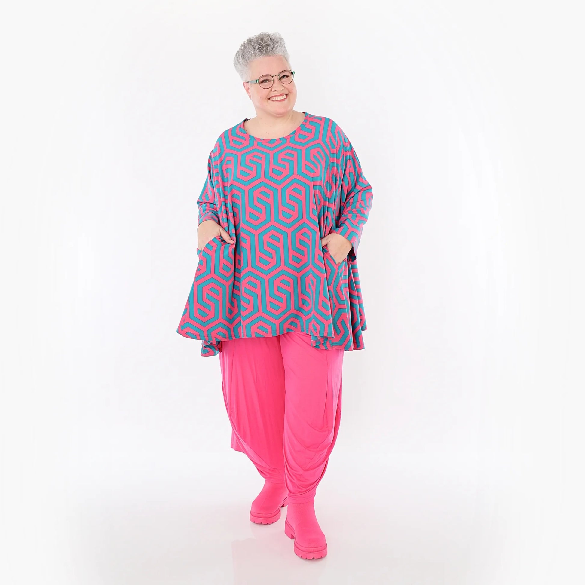  A-Form Bigshirt von AKH Fashion aus Viskose, 1473.00593, Fuchsia/Grün, Grafik, Ausgefallen