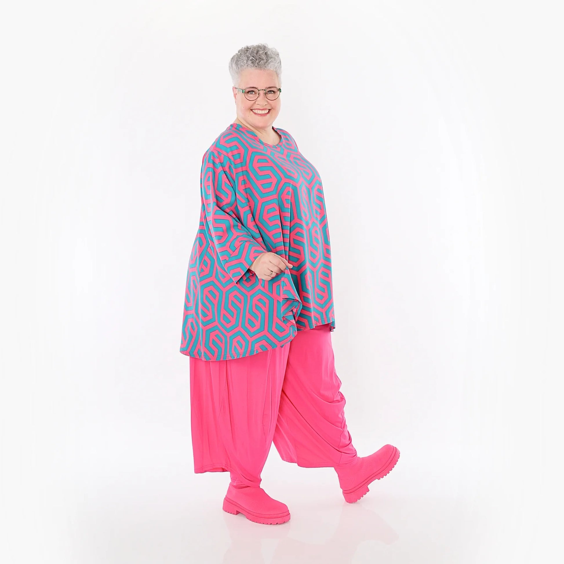  A-Form Bigshirt von AKH Fashion aus Viskose, 1473.00593, Fuchsia/Grün, Grafik, Ausgefallen