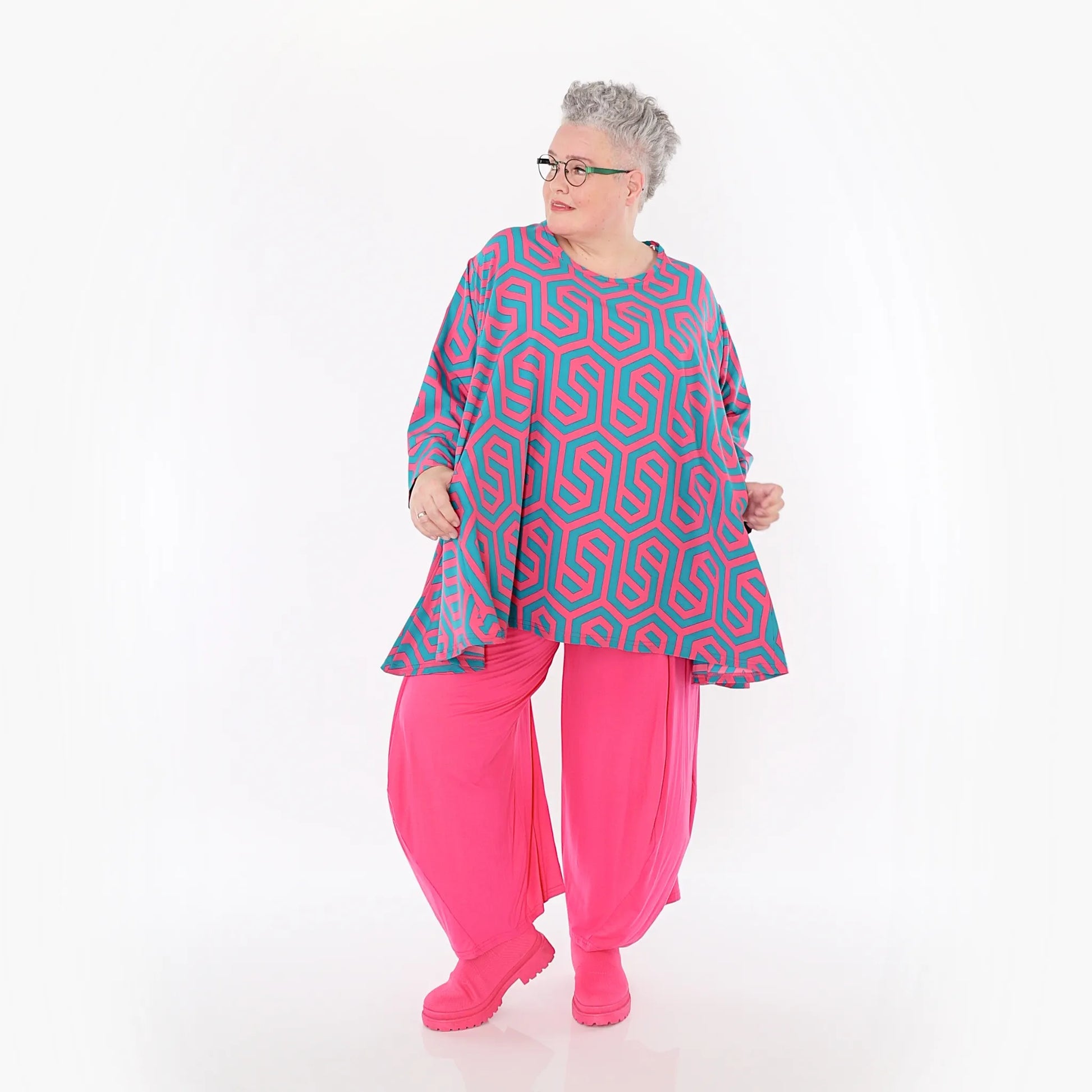  A-Form Bigshirt von AKH Fashion aus Viskose, 1473.00593, Fuchsia/Grün, Grafik, Ausgefallen