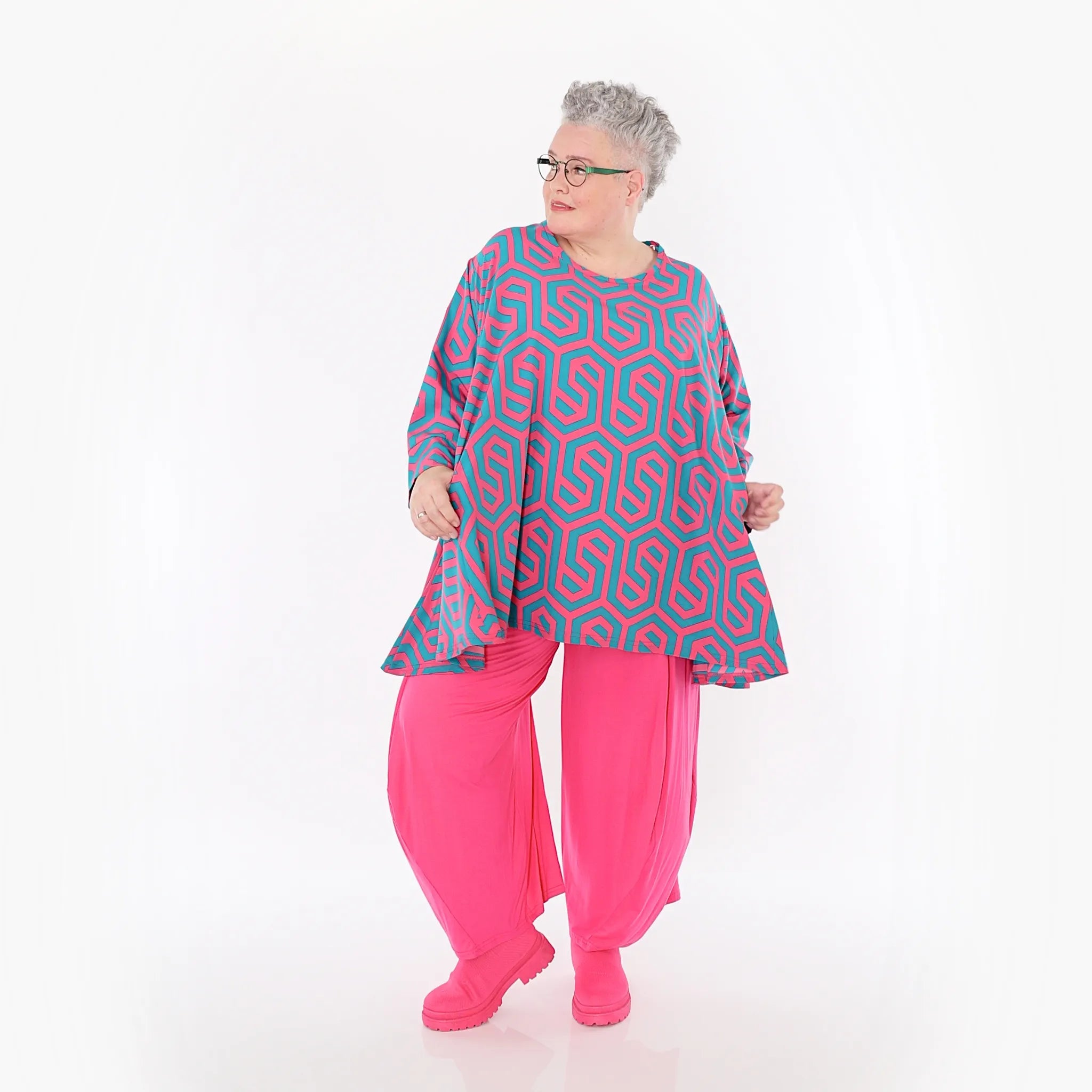  A-Form Bigshirt von AKH Fashion aus Viskose, 1473.00593, Fuchsia/Grün, Grafik, Ausgefallen