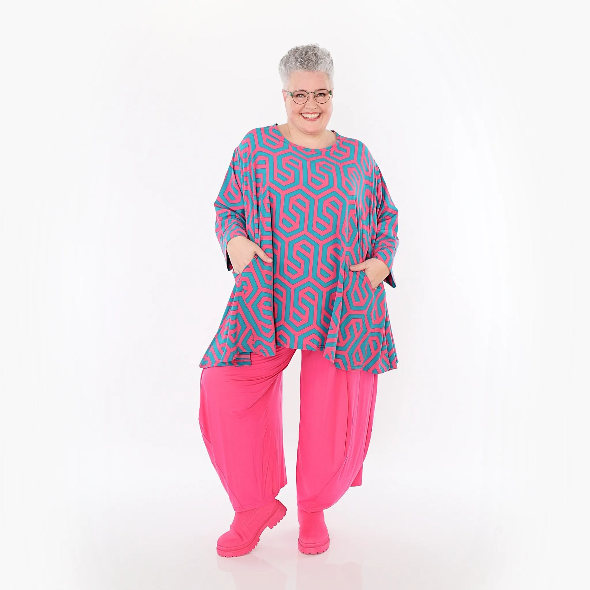  A-Form Bigshirt von AKH Fashion aus Viskose, 1473.00593, Fuchsia/Grün, Grafik, Ausgefallen